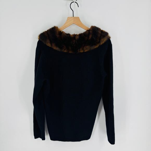 Lauren Ralph Lauren Black Merino Cashmere Angora Cardigan Faux Fur Collar Size L - Picture 5 of 9
